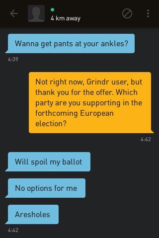 Grindr user: Wanna get pants at your ankles?
Me: Not right now, Grindr user, but thank you for the offer. Which party are you supporting in the forthcoming European election?
Grindr user: Will spoil my ballot
Grindr user: No options for me
Grindr user: Aresholes