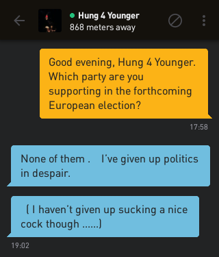 Me: Good evening, Hung 4 Younger. Which party are you supporting in the forthcoming European election?
Hung 4 Younger: None of them .  I've given up politics in despair.
Hung 4 Younger:  ( I haven't given up sucking a nice cock though ......)