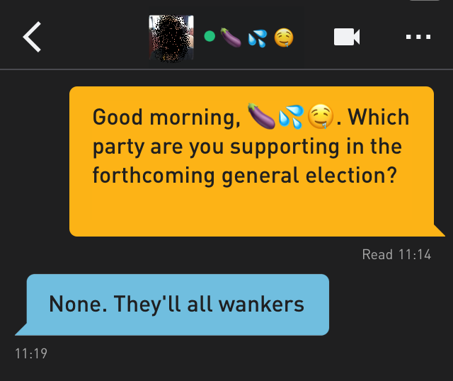 Me: Good morning, ???. Which party are you supporting in the forthcoming general election?
???: None. They'll all wankers