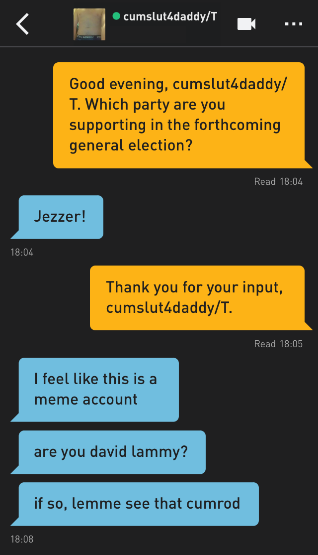 Me: Good evening, cumslut4daddy/T. Which party are you supporting in the forthcoming general election?
cumslut4daddy/T: Jezzer!
Me: Thank you for your input, cumslut4daddy/T.
cumslut4daddy/T: I feel like this is a meme account
cumslut4daddy/T: are you david lammy?
cumslut4daddy/T: if so, lemme see that cumrod