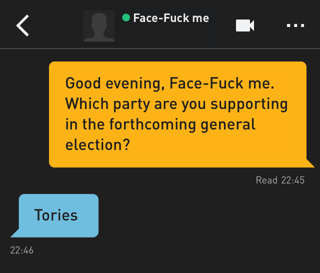 Me: Good evening, Face-Fuck me. Which party are you supporting in the forthcoming general election?
Face-Fuck me: Tories