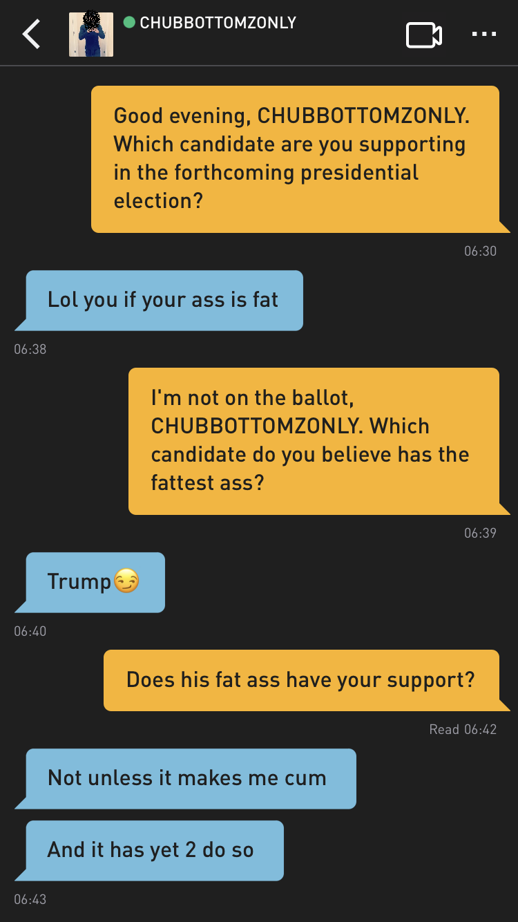 Me: Good evening, CHUBBOTTOMZONLY. Which candidate are you supporting in the forthcoming presidential election?
CHUBBOTTOMZONLY: Lol you if your ass is fat
Me: I'm not on the ballot, CHUBBOTTOMZONLY. Which candidate do you believe has the fattest ass?
CHUBBOTTOMZONLY: Trump?
Me: Does his fat ass have your support?
CHUBBOTTOMZONLY: Not unless it makes me cum
CHUBBOTTOMZONLY: And it has yet 2 do so