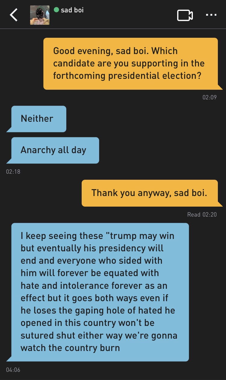 Me: Good evening, sad boi. Which candidate are you supporting in the forthcoming presidential election?
sad boi: Neither
sad boi: Anarchy all day
Me: Thank you anyway, sad boi.
sad boi: I keep seeing these "trump may win but eventually his presidency will end and everyone who sided with him will forever be equated with hate and intolerance forever as an effect but it goes both ways even if he loses the gaping hole of hated he opened in this country won't be sutured shut either way we're gonna watch the country burn.