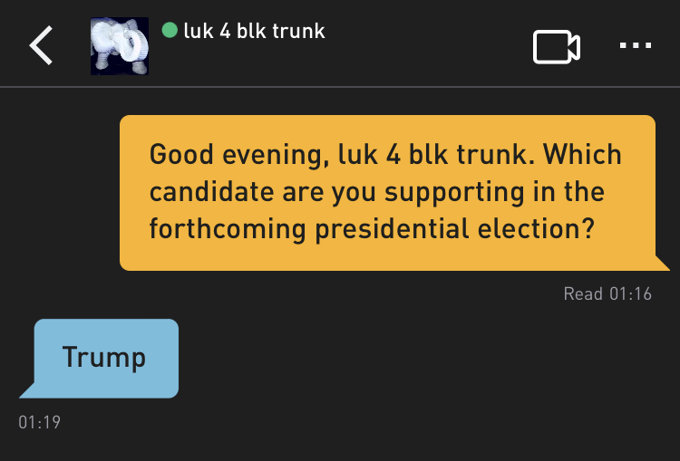 Me: Good evening, luk 4 blk trunk. Which candidate are you supporting in the forthcoming presidential election?
luk 4 blk trunk: Trump
