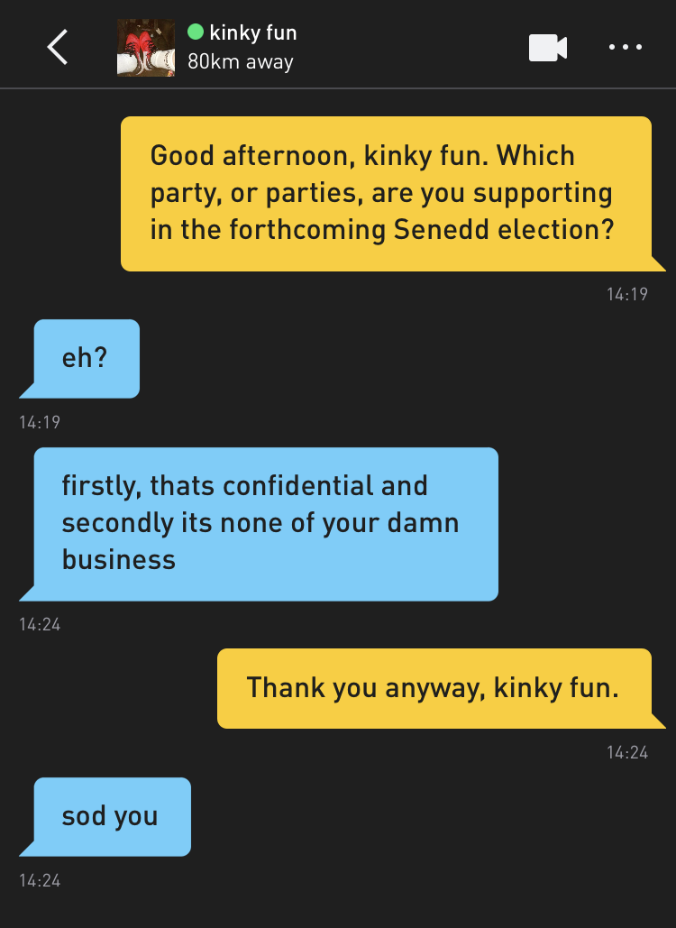 Me: Good afternoon, kinky fun. Which party, or parties, are you supporting in the forthcoming Senedd election? kinky fun: eh? kinky fun: firstly, thats confidential and secondly its none of your damn business Me: Thank you anyway, kinky fun. kinky fun: sod you