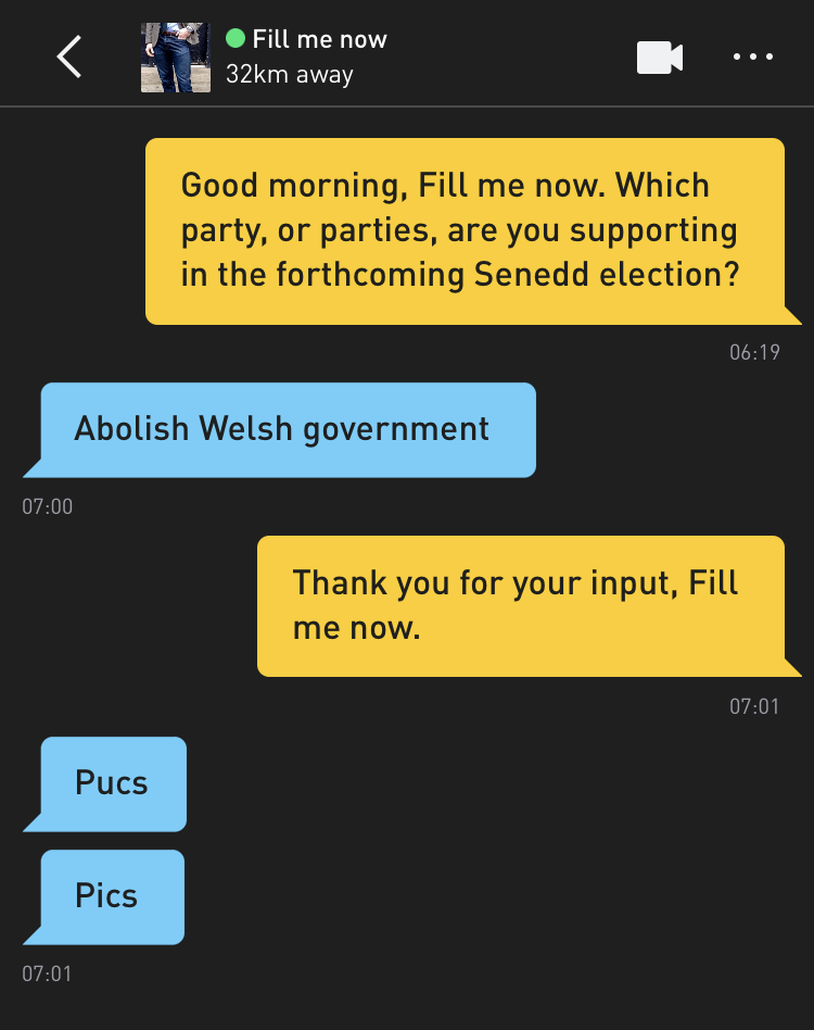 Me: Good morning, Fill me now. Which party, or parties, are you supporting in the forthcoming Senedd election? Fill me now: Abolish Welsh government Me: Thank you for your input, Fill me now. Fill me now: Pucs Fill me now: Pics