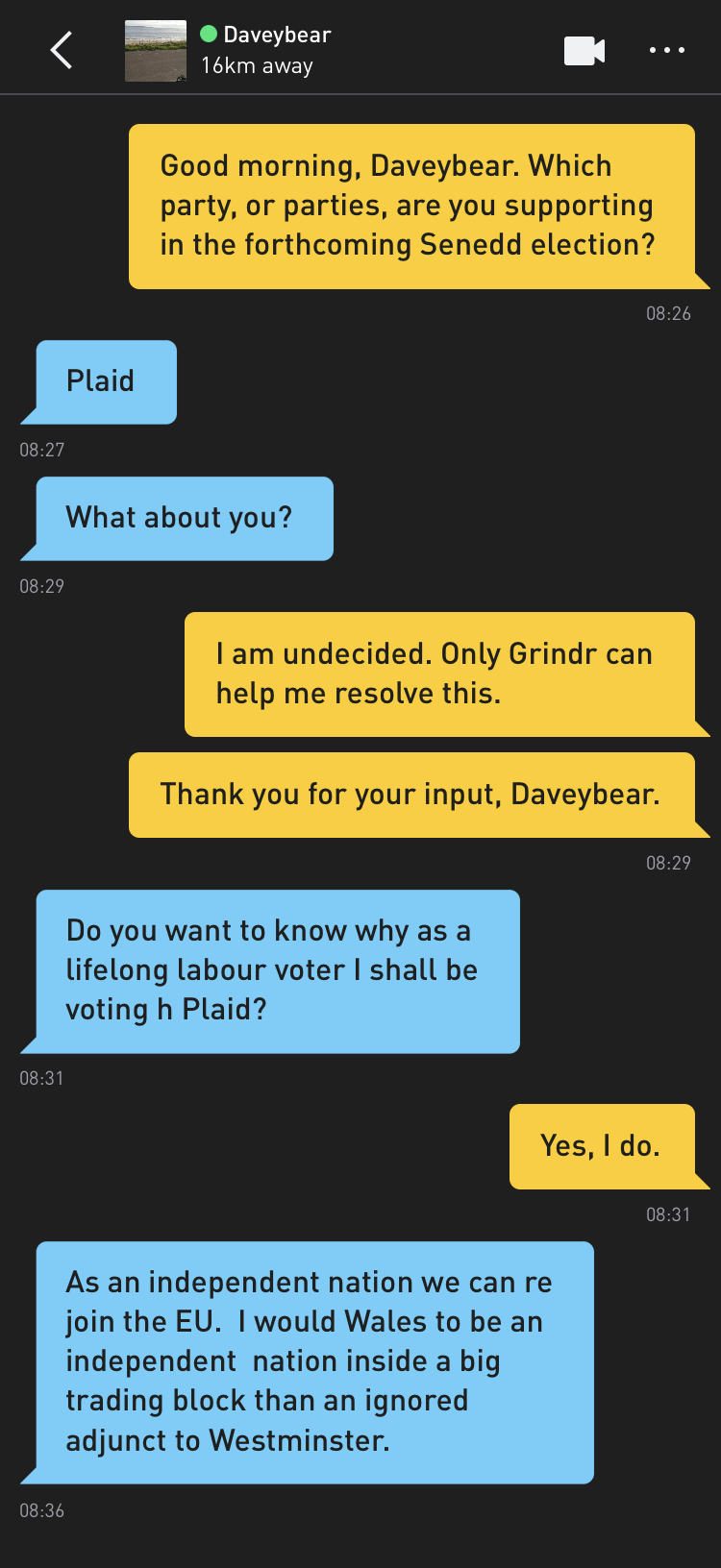 Me: Good morning, Daveybear. Which party, or parties, are you supporting in the forthcoming Senedd election? Daveybear: Plaid Daveybear: What about you? Me: I am undecided. Only Grindr can help me resolve this. Me: Thank you for your input, Daveybear. Daveybear: Do you want to know why as a lifelong labour voter I shall be voting h Plaid? Me: Yes, I do. Daveybear: As an independent nation we can re join the EU. I would Wales to be an independent nation inside a big trading block than an ignored adjunct to Westminster.