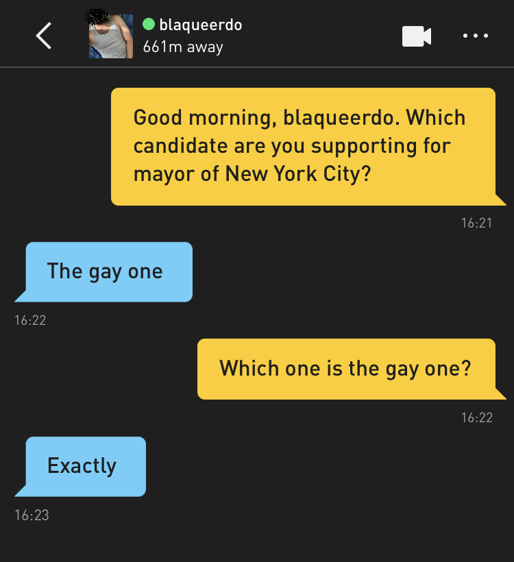Me: Good morning, blaqueerdo. Which candidate are you supporting for mayor of New York City? blaqueerdo: The gay one Me: Which one is the gay one? blaqueerdo: Exactly