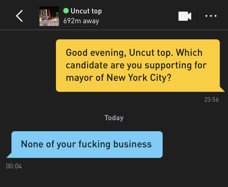 Me: Good evening, Uncut top. Which candidate are you supporting for mayor of New York City? Uncut top: None of your fucking business