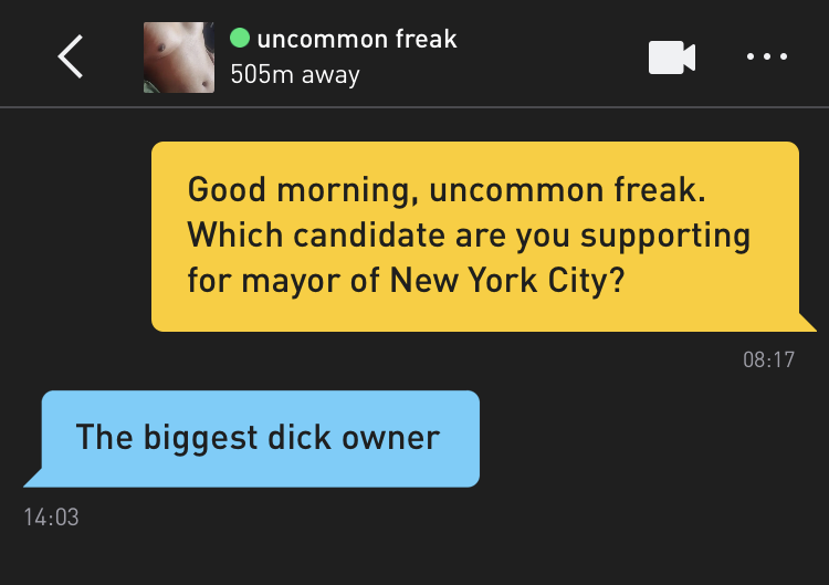 Me: Good morning, uncommon freak. Which candidate are you supporting for mayor of New York City? uncommon freak: The biggest dick owner