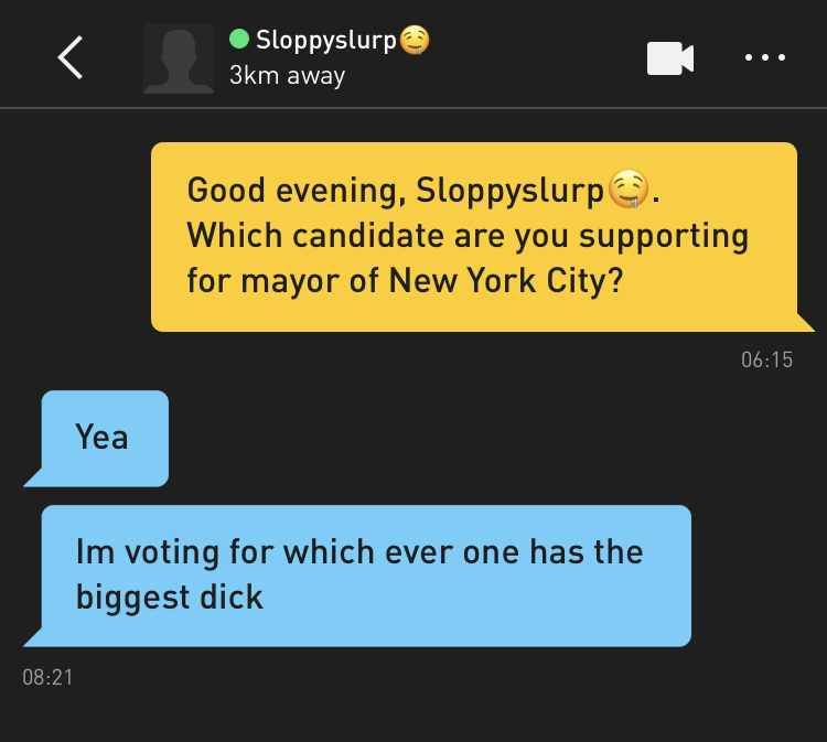 Me: Good evening, Sloppyslurp?. Which candidate are you supporting for mayor of New York City? Sloppyslurp?: Yea Sloppyslurp?: Im voting for which ever one has the biggest dick