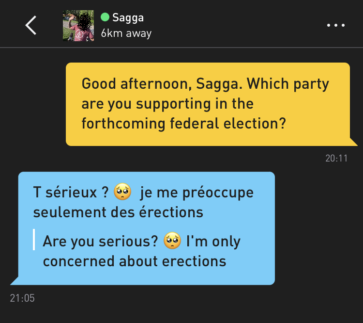 Me: Good afternoon, Sagga. Which party are you supporting in the forthcoming federal election? Sagga: T sérieux ? ? je me préoccupe seulement des érections Translation: Are you serious? ? I'm only concerned about erections