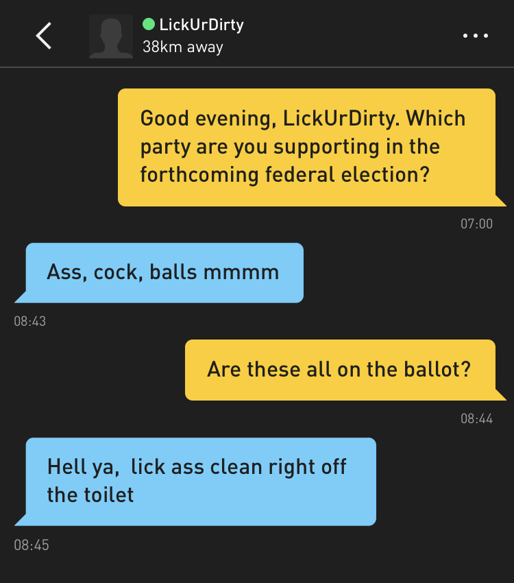 Me: Good evening, LickUrDirty. Which party are you supporting in the forthcoming federal election? LickUrDirty: Ass, cock, balls mmmm Me: Are these all on the ballot? LickUrDirty: Hell ya, lick ass clean right off the toilet